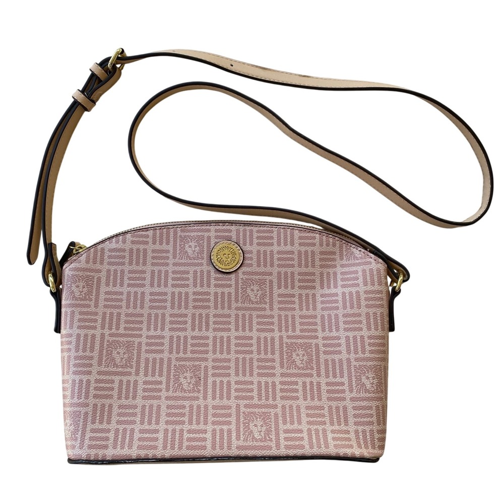 Anne Klein Classic Lion Logo Crossbody Bag Pink and Beige Purse Gold Hardware